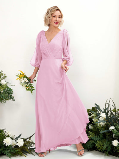 Carlyna Antonia A-Line Candy Pink Bridesmaid Dress Maxi Three Quarter Sleeve V-Neck Dress Front View #color_candy-pink
