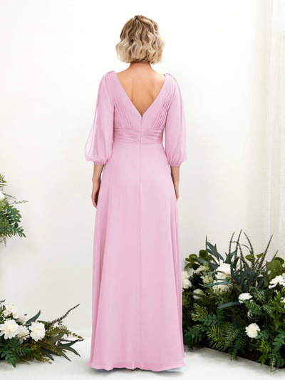 Carlyna Antonia A-Line Candy Pink Bridesmaid Dress Maxi Three Quarter Sleeve V-Neck Dress Back View #color_candy-pink