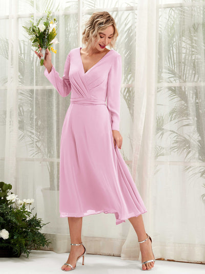 Carlyna Joanna A-Line Candy Pink Bridesmaid Dress Midi Long Sleeve V-Neck  #color_candy-pink