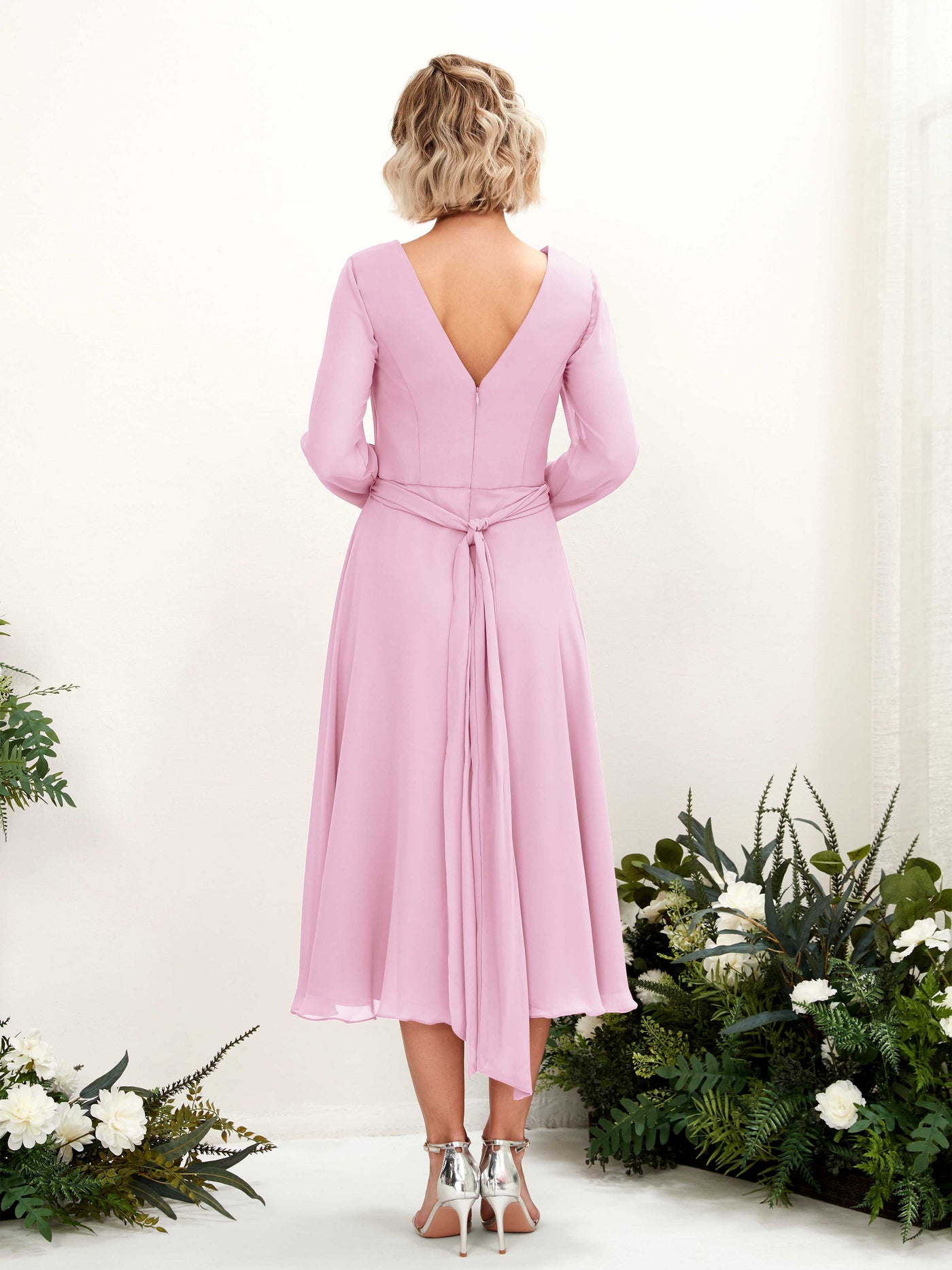 V-neck Long Sleeves Chiffon Bridesmaid Dress - Candy Pink (81223339)#color_candy-pink