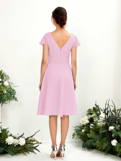 Carlyna Betty A-Line Candy Pink Bridesmaid Dress Knee-Length Short Sleeve V-Neck Dress Back View #color_candy-pink