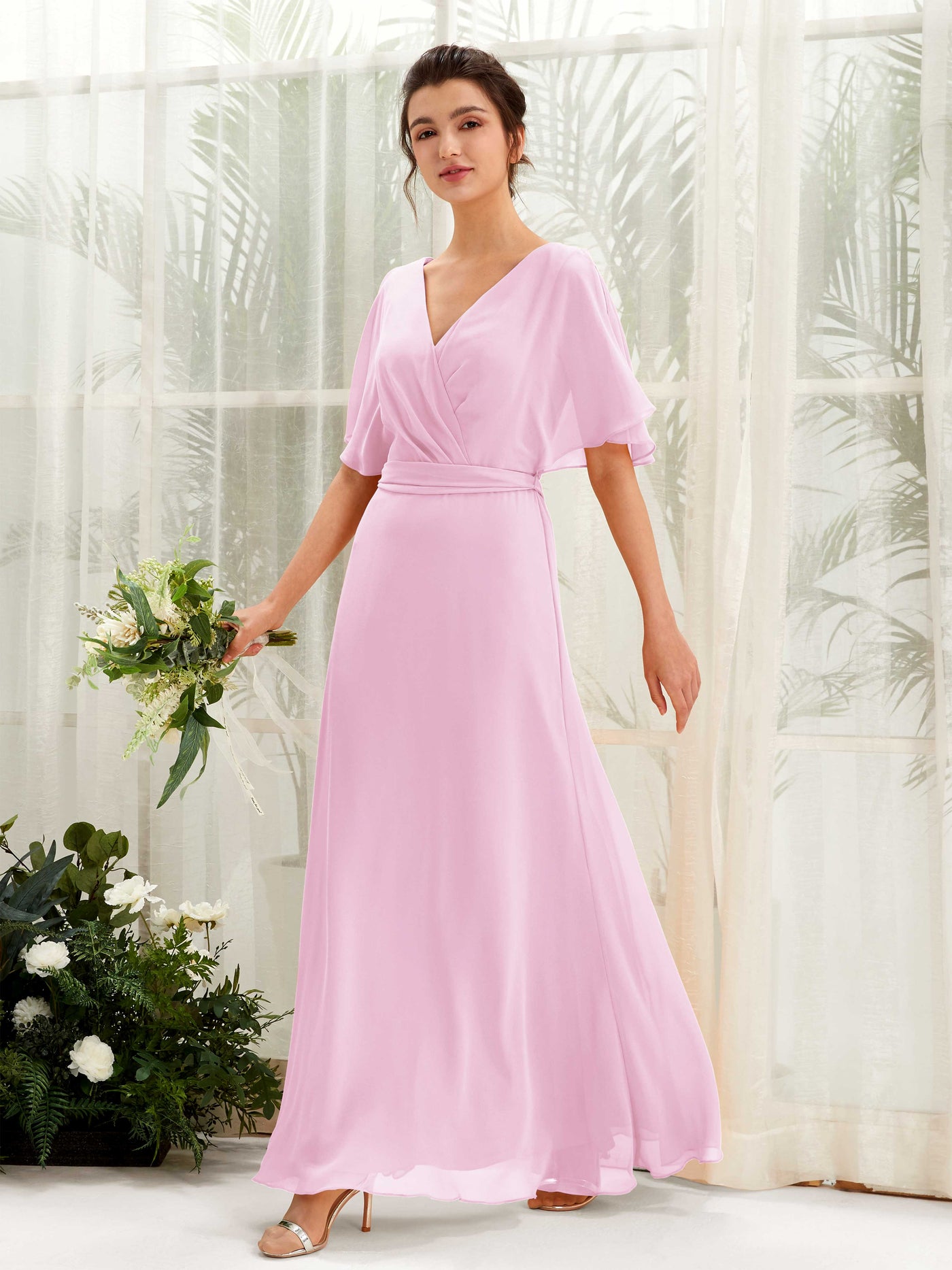 V-neck Short Sleeves Chiffon Bridesmaid Dress - Candy Pink (81222439)#color_candy-pink
