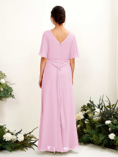 Carlyna Merta A-Line Candy Pink Bridesmaid Dress Maxi Short Sleeve V-Neck Dress #color_candy-pink