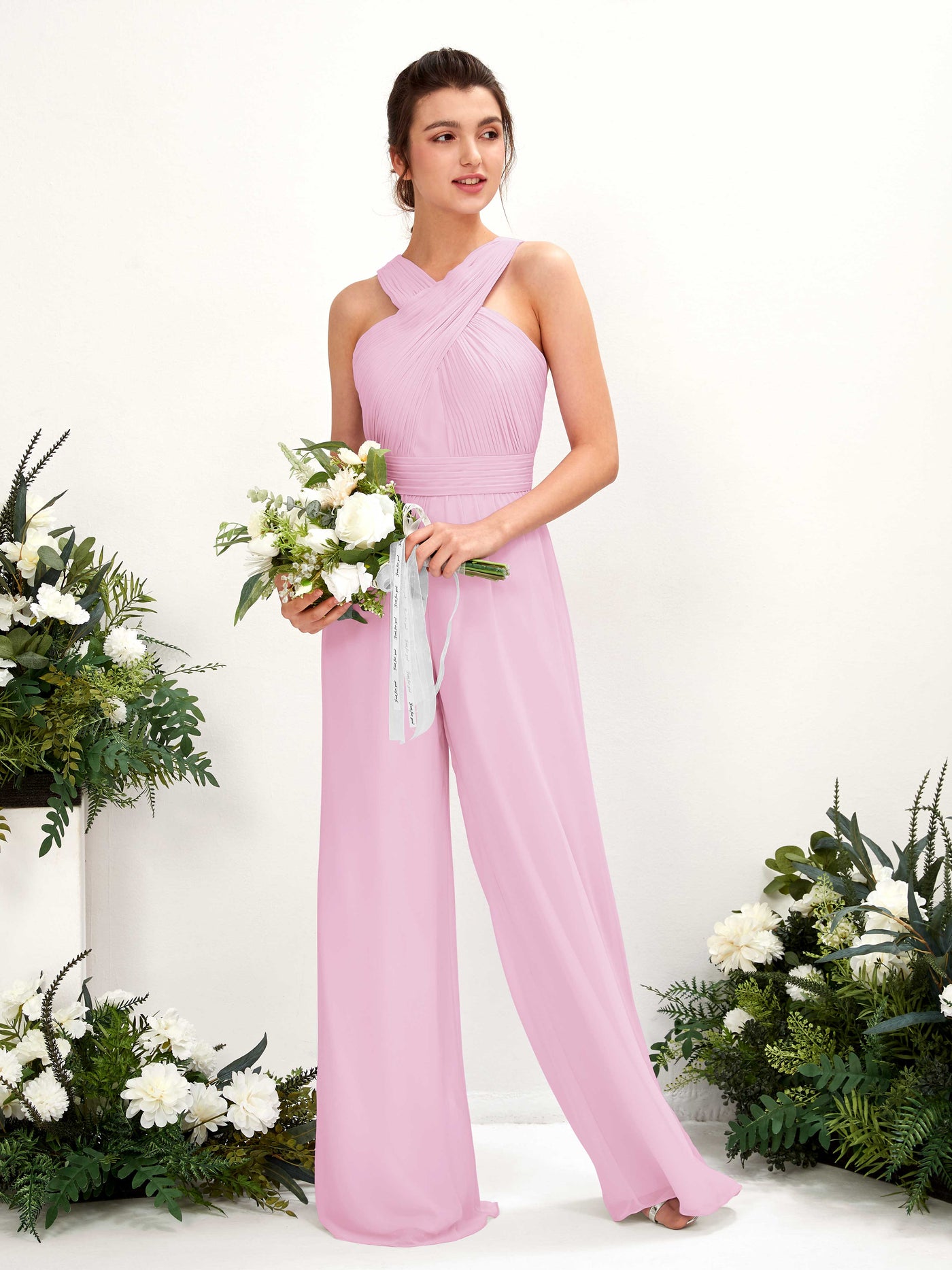 V-neck Sleeveless Chiffon Bridesmaid Dress Wide-Leg Jumpsuit - Candy Pink (81220739)#color_candy-pink