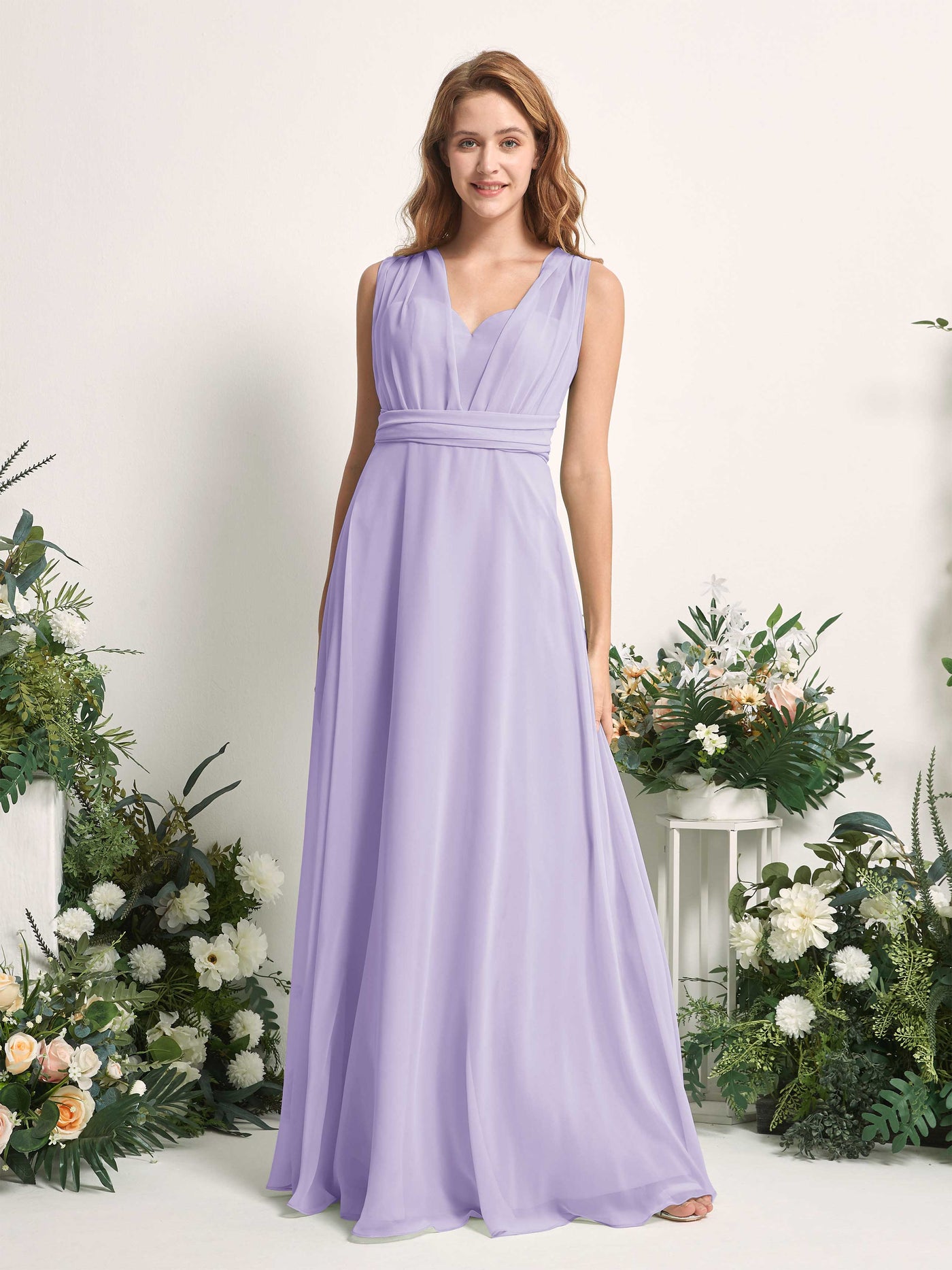 Bridesmaid Dress A-line Chiffon Halter Full Length Short Sleeves Wedding Party Dress - Lilac (81226314)#color_lilac