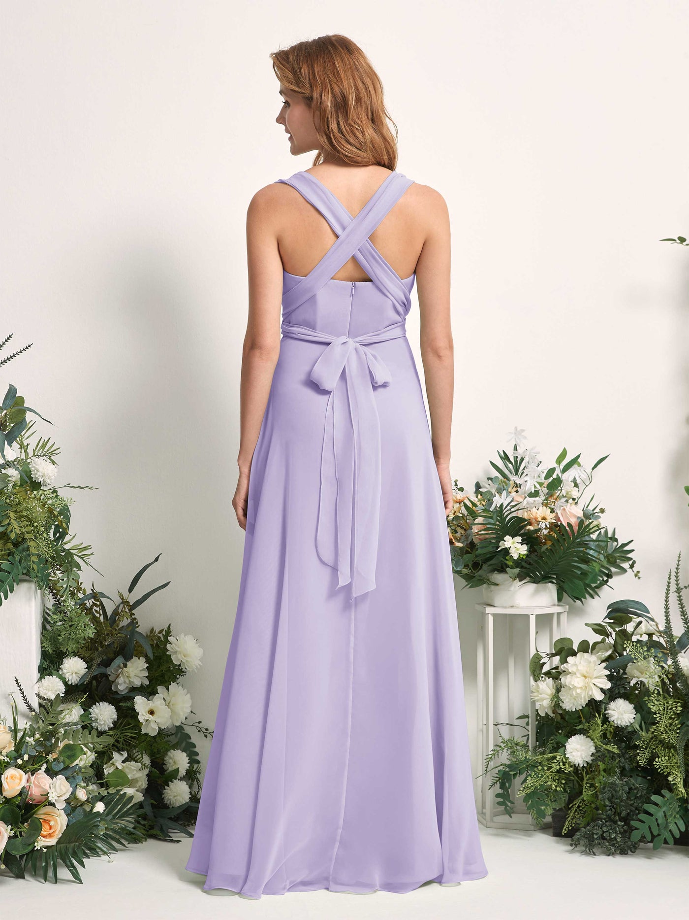Bridesmaid Dress A-line Chiffon Halter Full Length Short Sleeves Wedding Party Dress - Lilac (81226314)#color_lilac