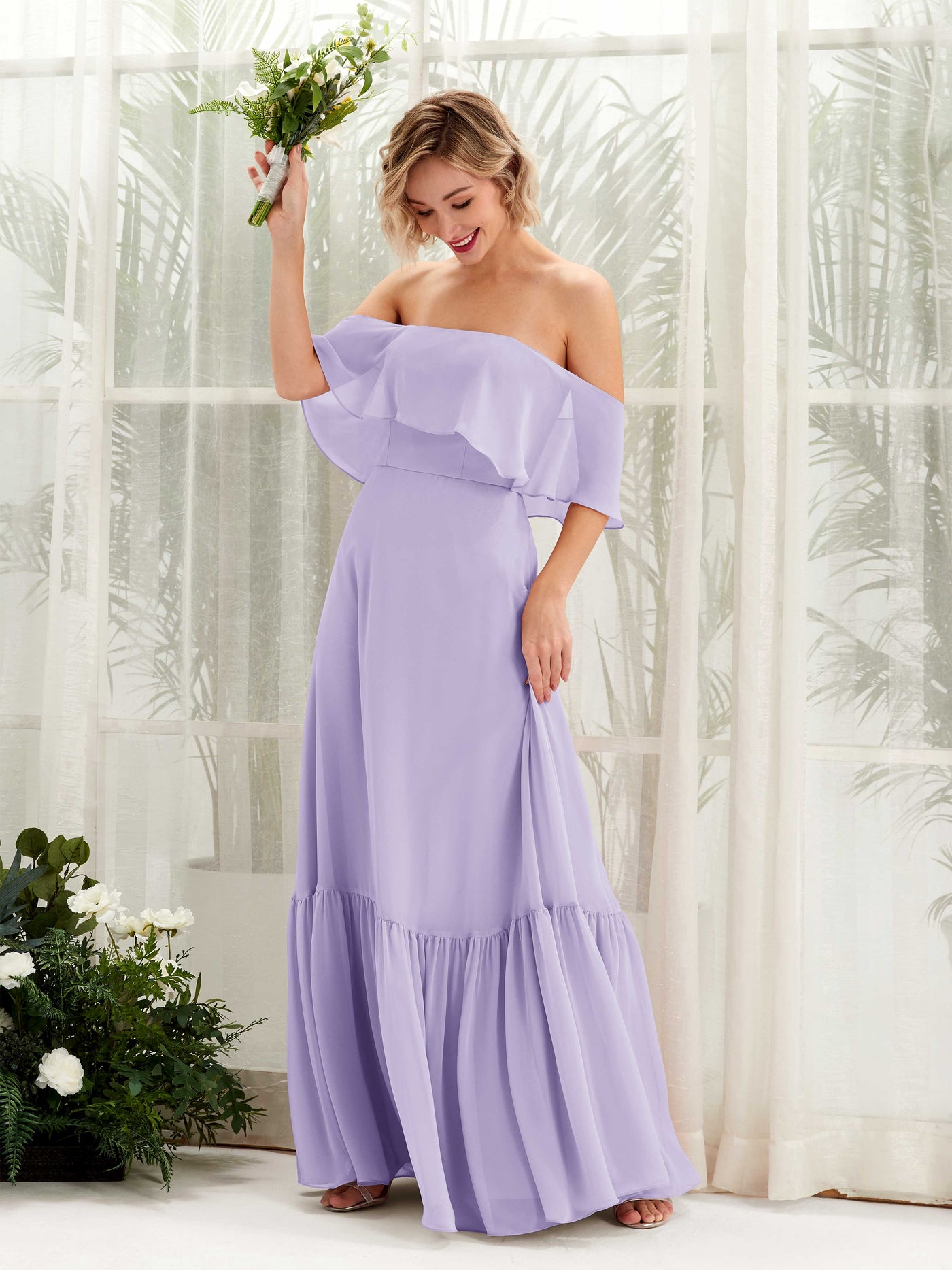 A-line Off Shoulder Chiffon Bridesmaid Dress - Lilac (81224514)#color_lilac