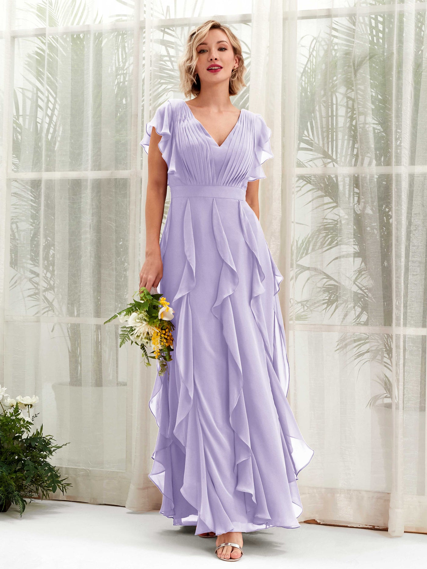 A-line V-neck Short Sleeves Chiffon Bridesmaid Dress - Lilac (81226014)#color_lilac