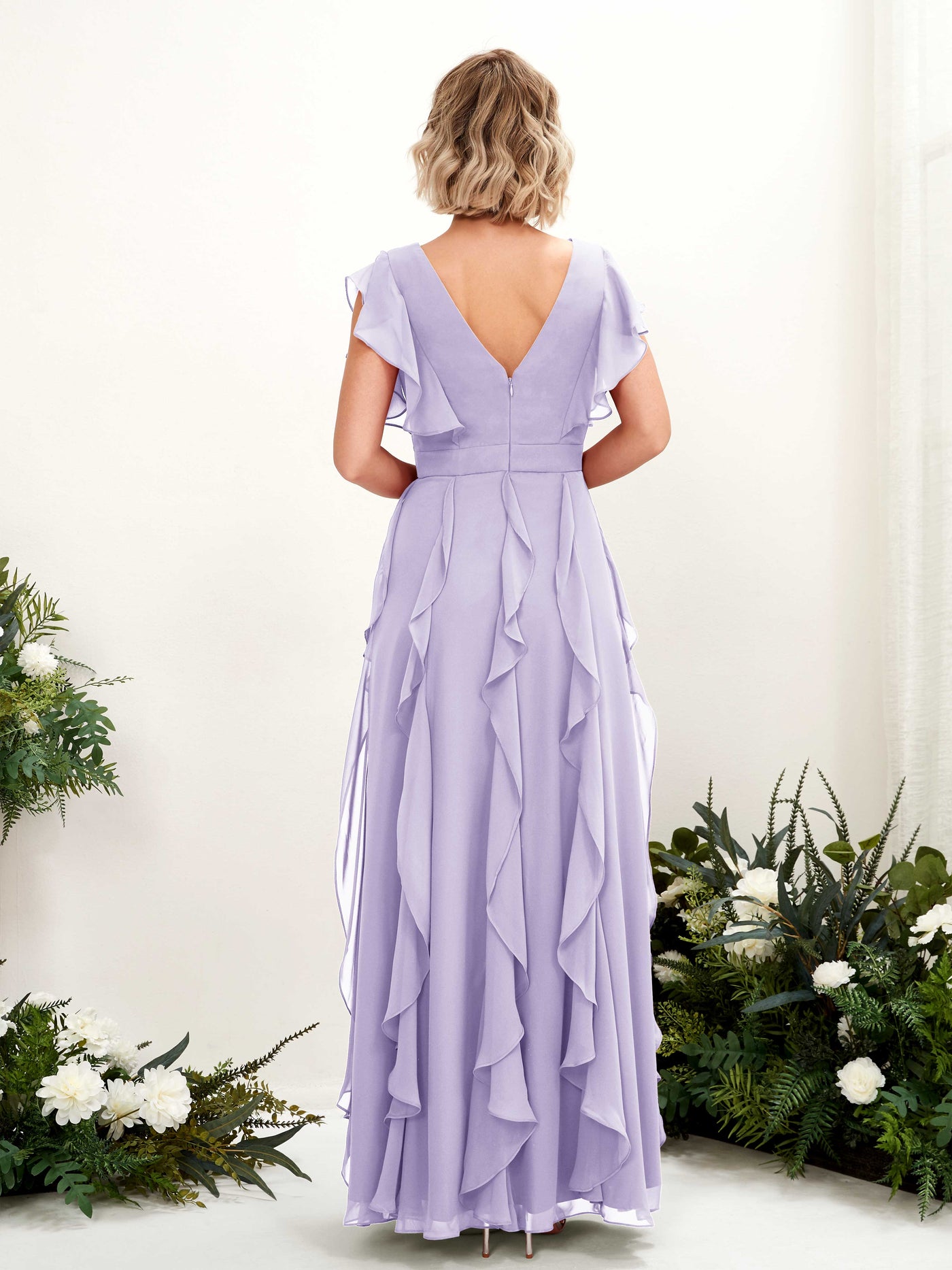 A-line V-neck Short Sleeves Chiffon Bridesmaid Dress - Lilac (81226014)#color_lilac