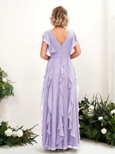 Carlyna Cynthia A-Line Lilac Bridesmaid Dress Maxi Cap Sleeve V-Neck Dress Back View #color_lilac