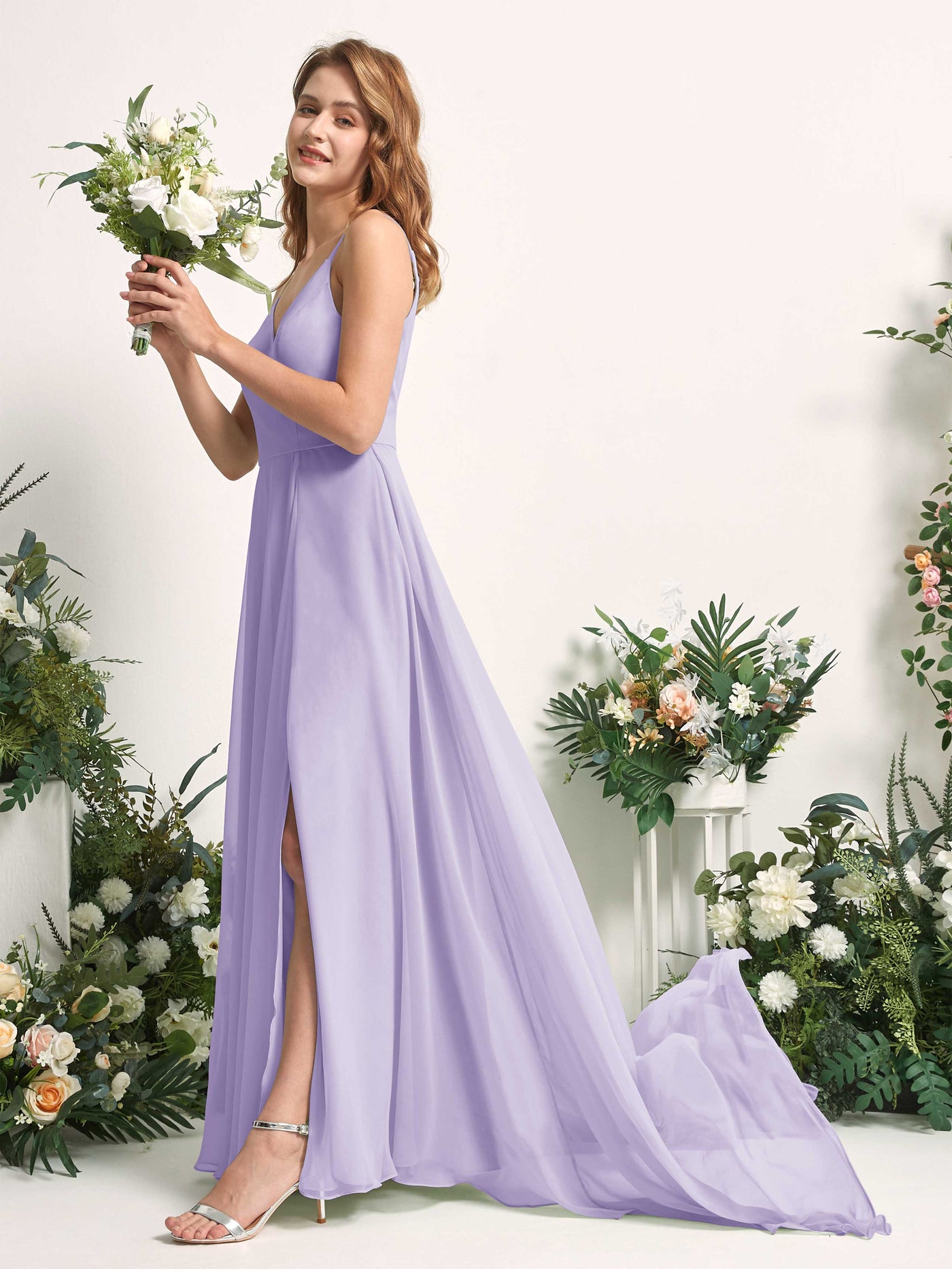 Bridesmaid Dress A-line Chiffon Spaghetti-straps Full Length Sleeveless Wedding Party Dress - Lilac (81227714)#color_lilac