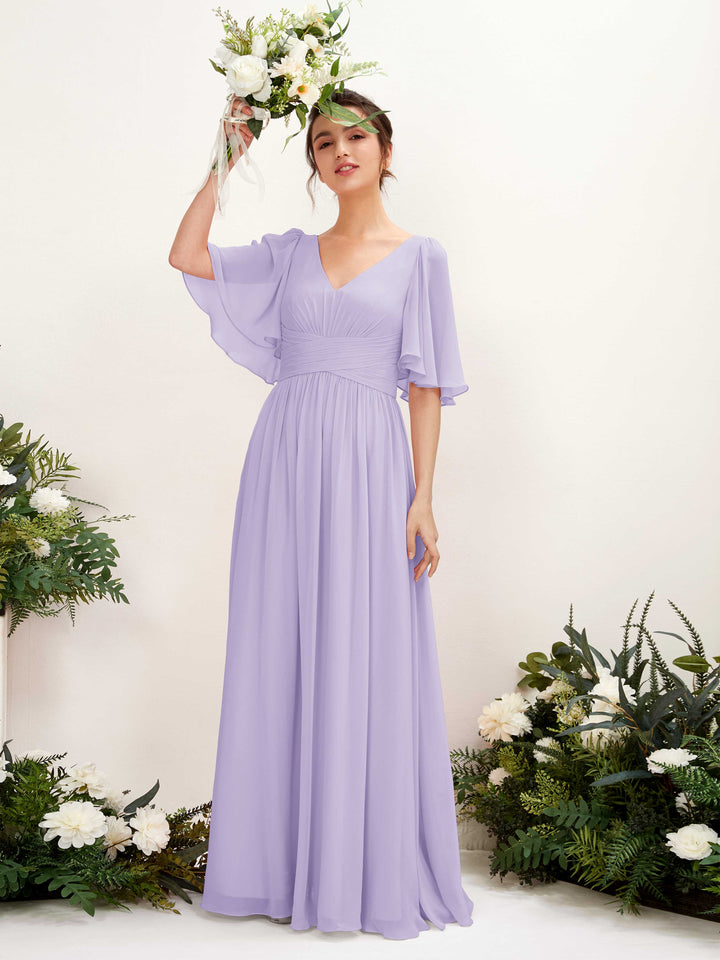A-line V-neck 1/2 Sleeves Chiffon Bridesmaid Dress - Lilac (81221614)