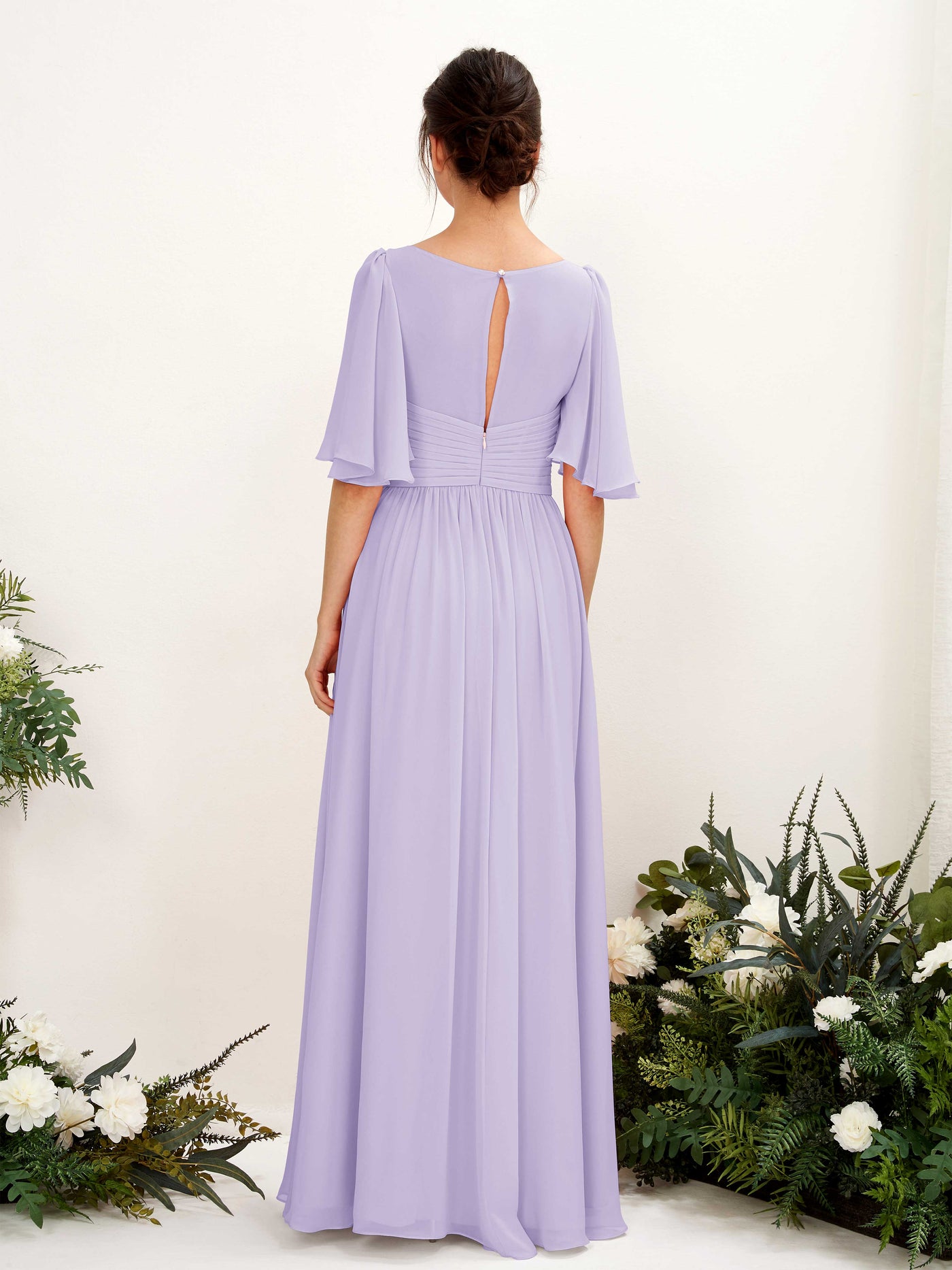 A-line V-neck 1/2 Sleeves Chiffon Bridesmaid Dress - Lilac (81221614)#color_lilac