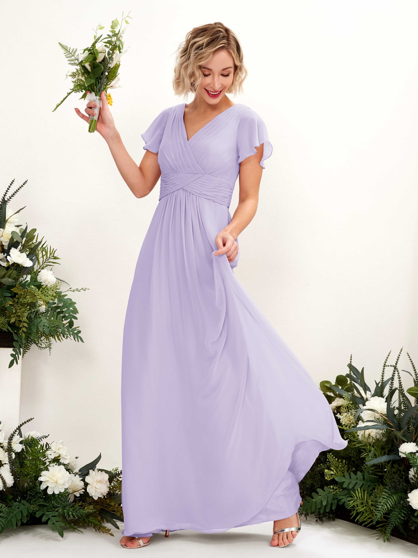 A-line V-neck Cap Sleeves Chiffon Bridesmaid Dress - Lilac (81224314)#color_lilac