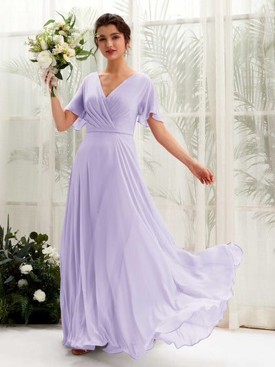Carlyna Daphne A-Line Lilac Bridesmaid Dress Maxi Short Sleeve V-Neck Dress Front View #color_lilac