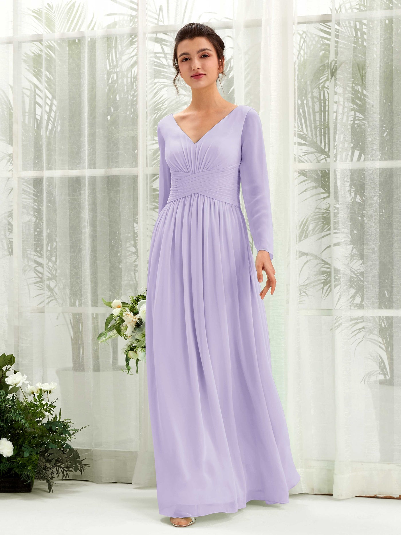 Ball Gown V-neck Long Sleeves Chiffon Bridesmaid Dress - Lilac (81220314)#color_lilac