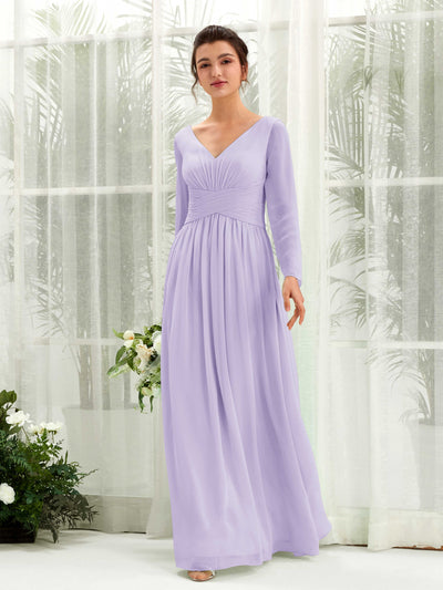 Carlyna Coline A-Line Lilac Bridesmaid Dress Maxi Long Sleeve V-Neck Front View #color_lilac