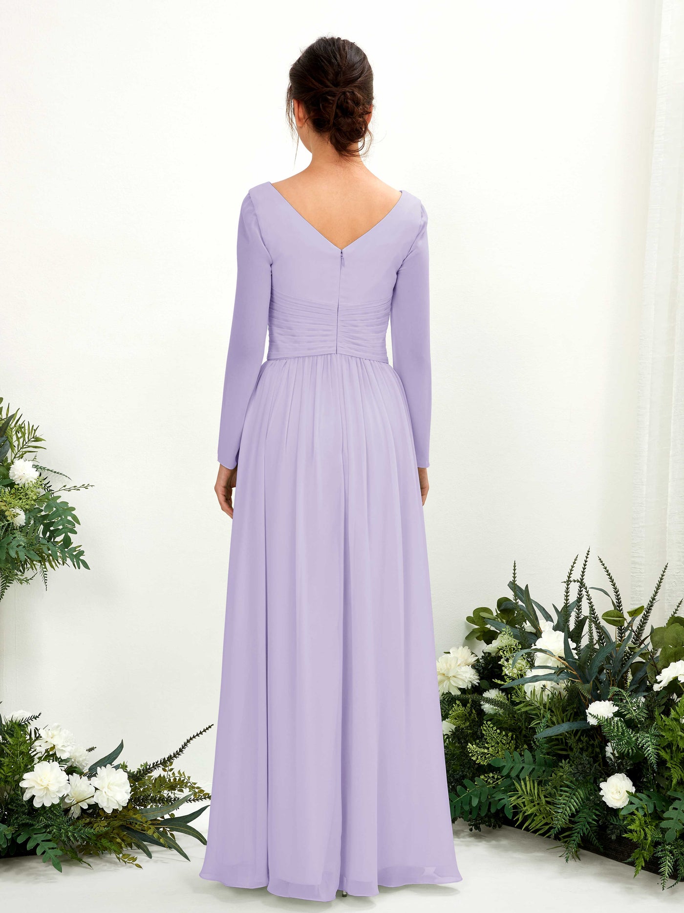 Ball Gown V-neck Long Sleeves Chiffon Bridesmaid Dress - Lilac (81220314)#color_lilac