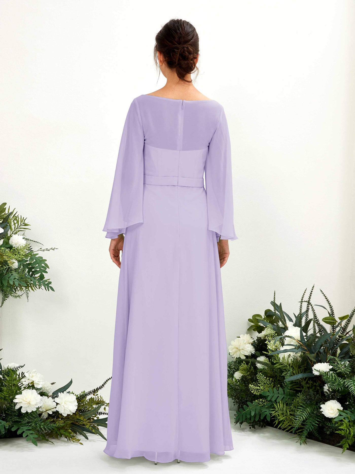 Bateau Illusion Long Sleeves Chiffon Bridesmaid Dress - Lilac (81220514)#color_lilac