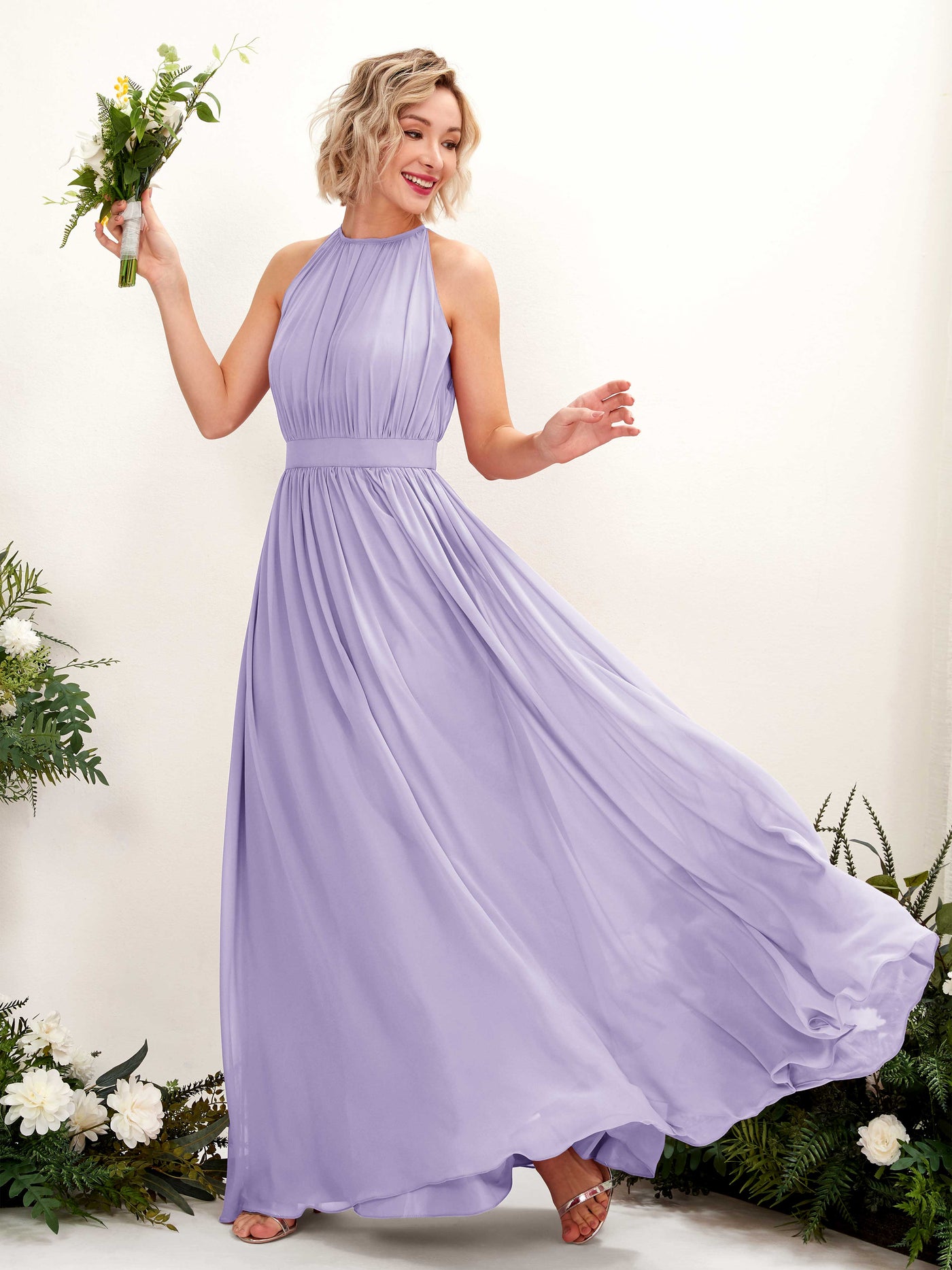 Halter Sleeveless Chiffon Bridesmaid Dress - Lilac (81223114)#color_lilac