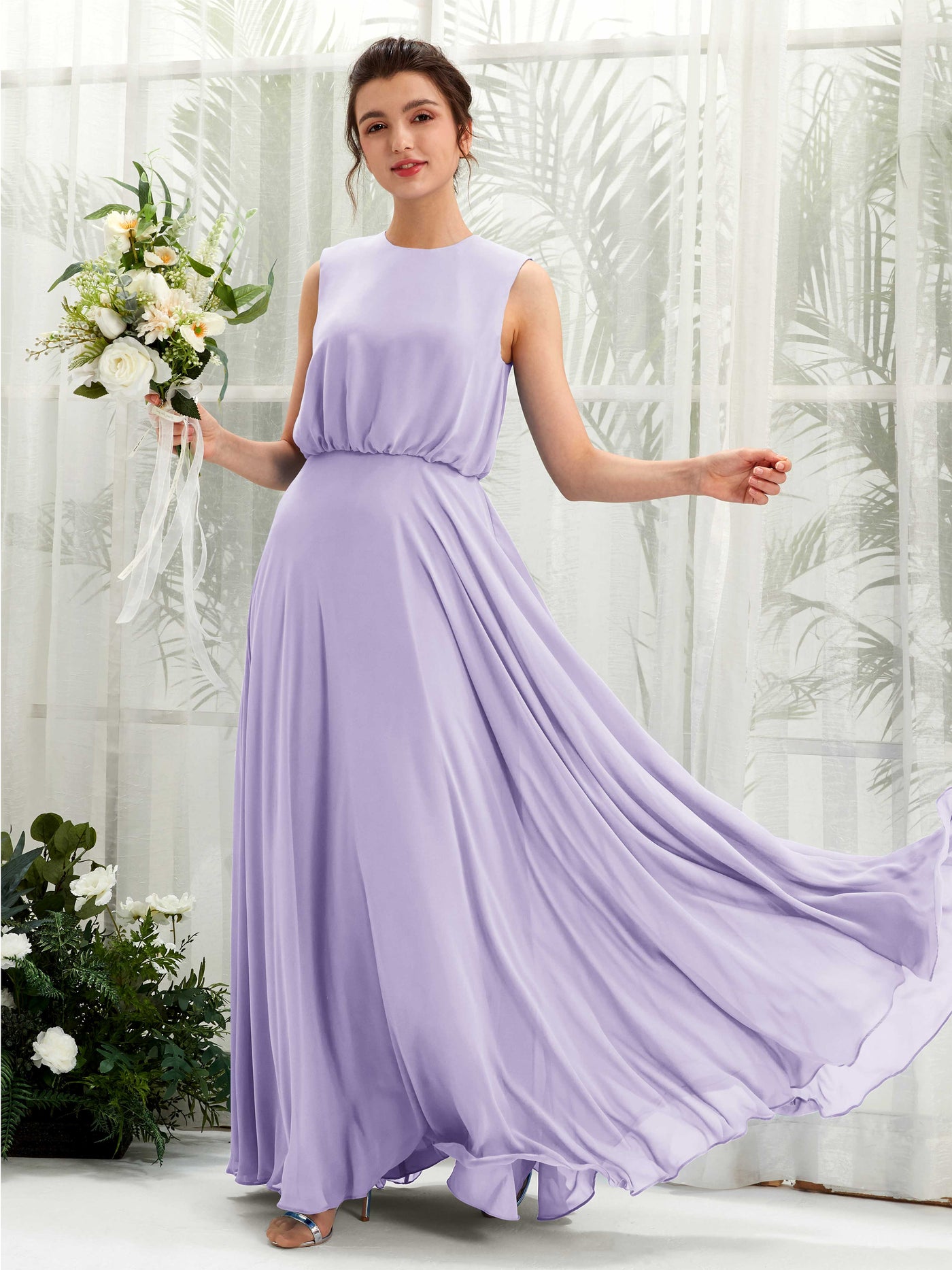 Round Sleeveless Chiffon Bridesmaid Dress - Lilac (81222814)#color_lilac