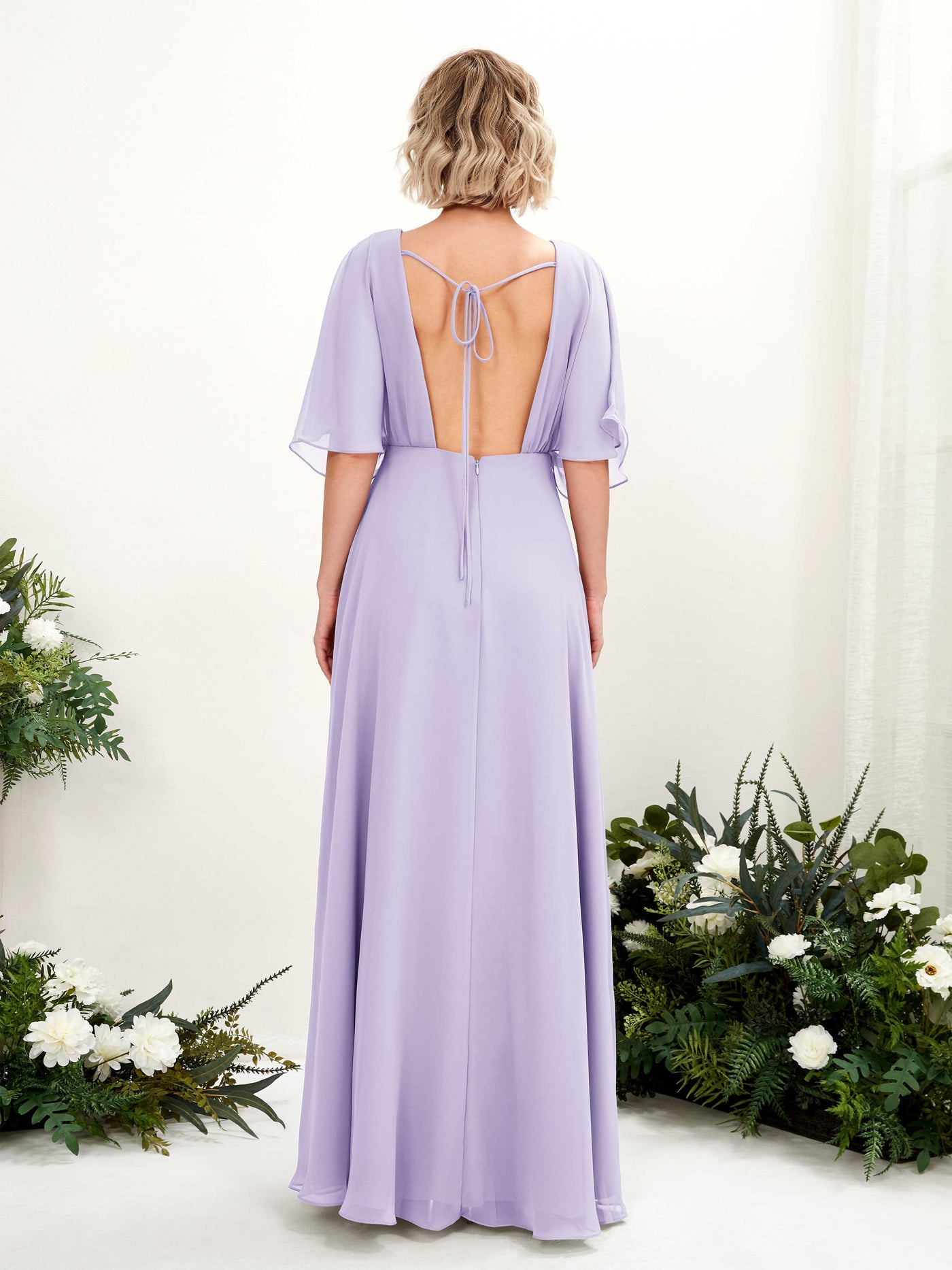 V-neck 1/2 Sleeves Chiffon Bridesmaid Dress - Lilac (81225114)#color_lilac