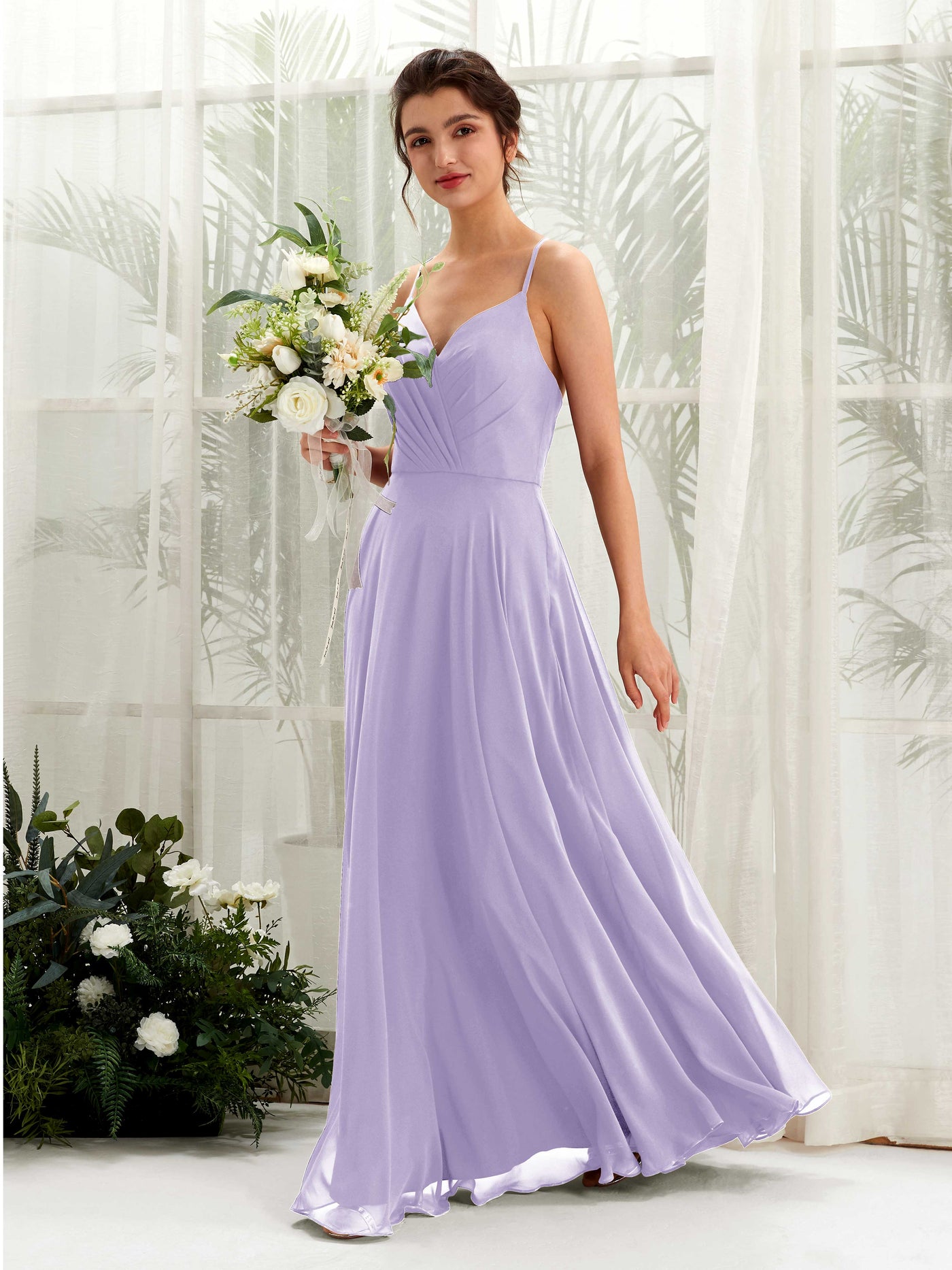 Spaghetti-straps V-neck Sleeveless Bridesmaid Dress - Lilac (81224214)#color_lilac