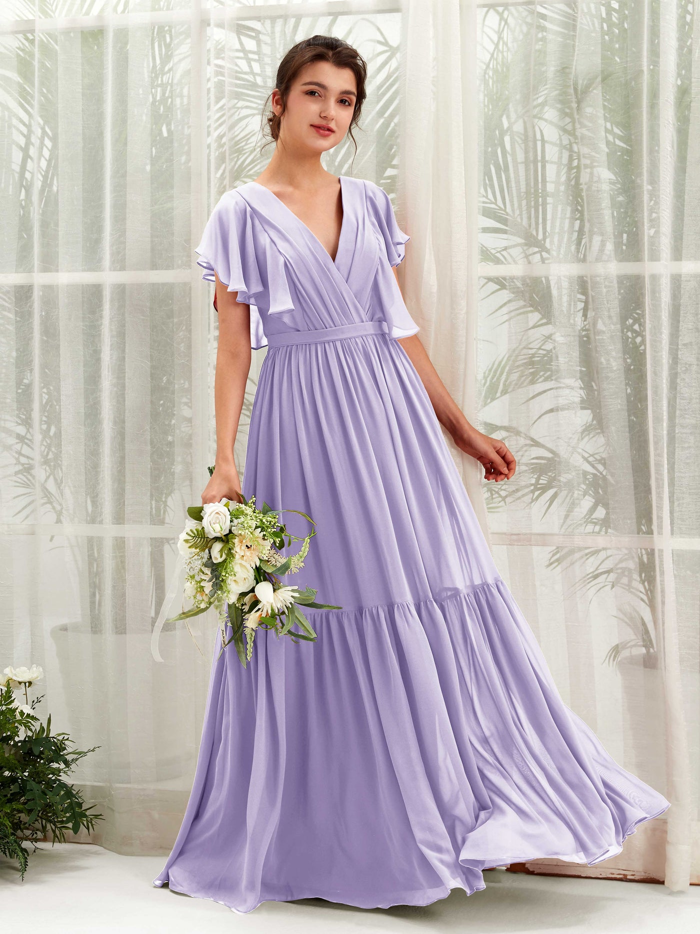 V-neck Cap Sleeves Chiffon Bridesmaid Dress - Lilac (81225914)#color_lilac