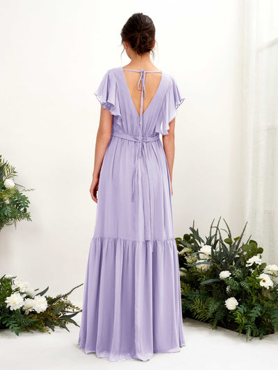 Carlyna Chaya A-Line Lilac Bridesmaid Dress Maxi Cap Sleeve V-Neck Dress Back View #color_lilac