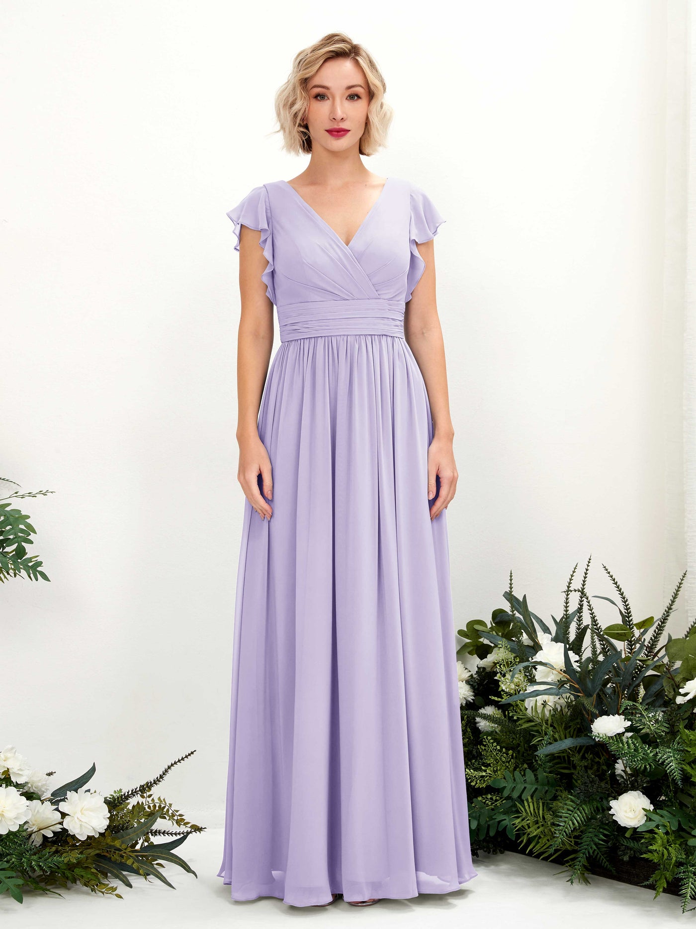 V-neck Short Sleeves Chiffon Bridesmaid Dress - Lilac (81222714)#color_lilac