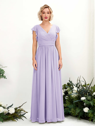Carlyna Grino A-Line Lilac Bridesmaid Dress Maxi Cap Sleeve V-Neck Dress Front View #color_lilac