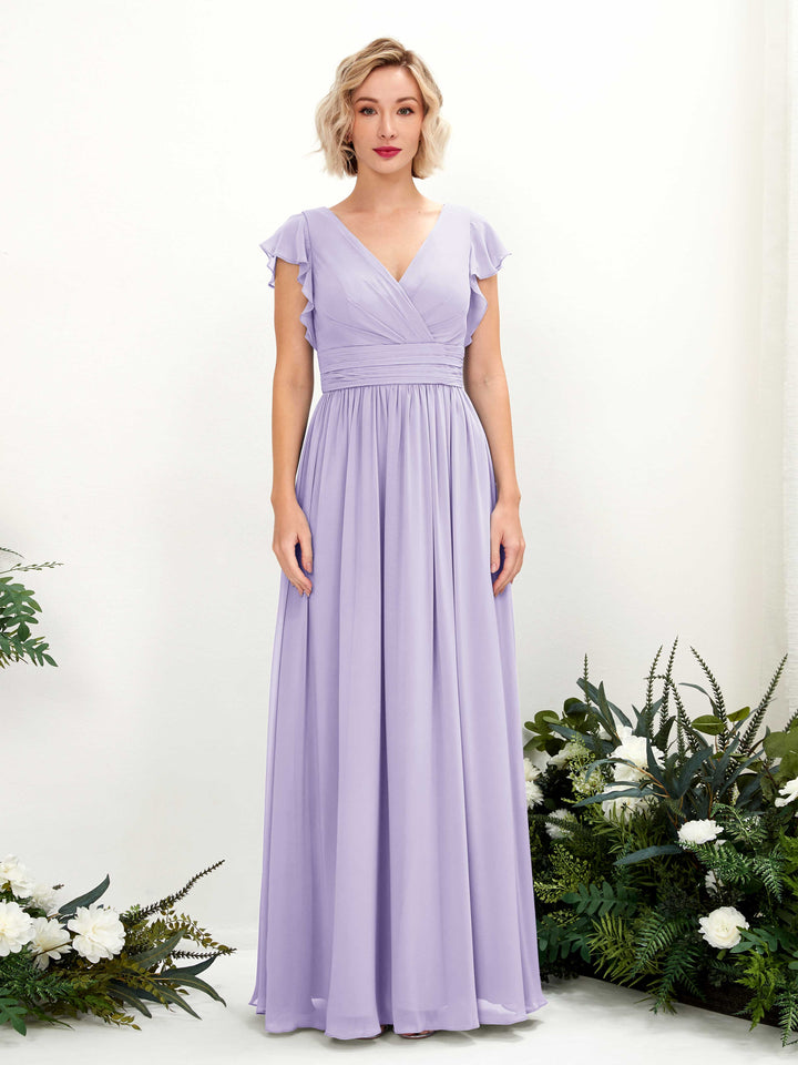 V-neck Short Sleeves Chiffon Bridesmaid Dress - Lilac (81222714)