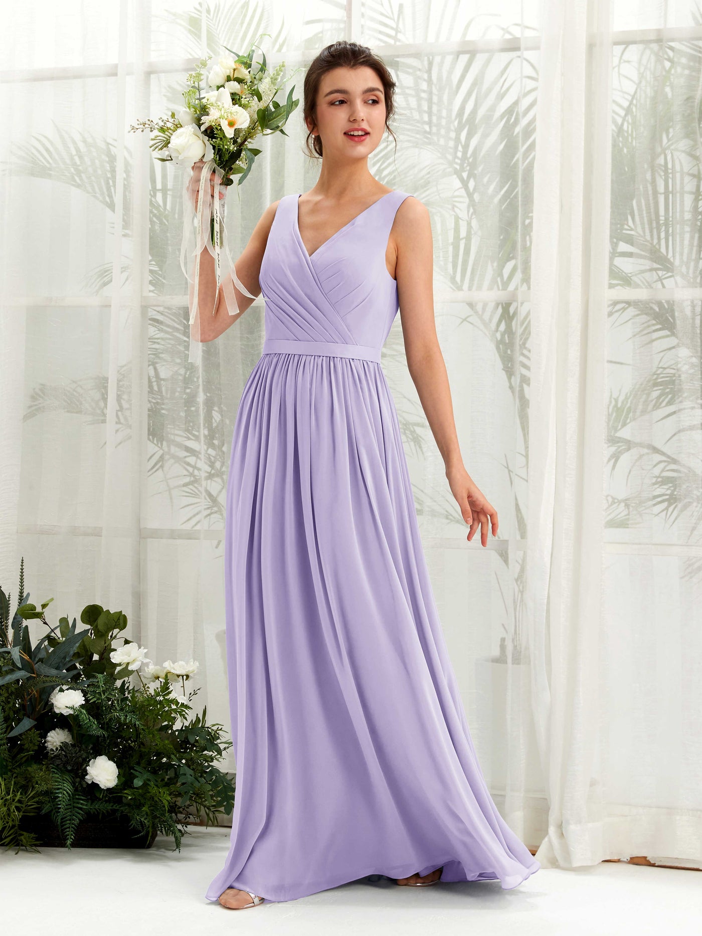 V-neck Sleeveless Chiffon Bridesmaid Dress - Lilac (81223614)#color_lilac