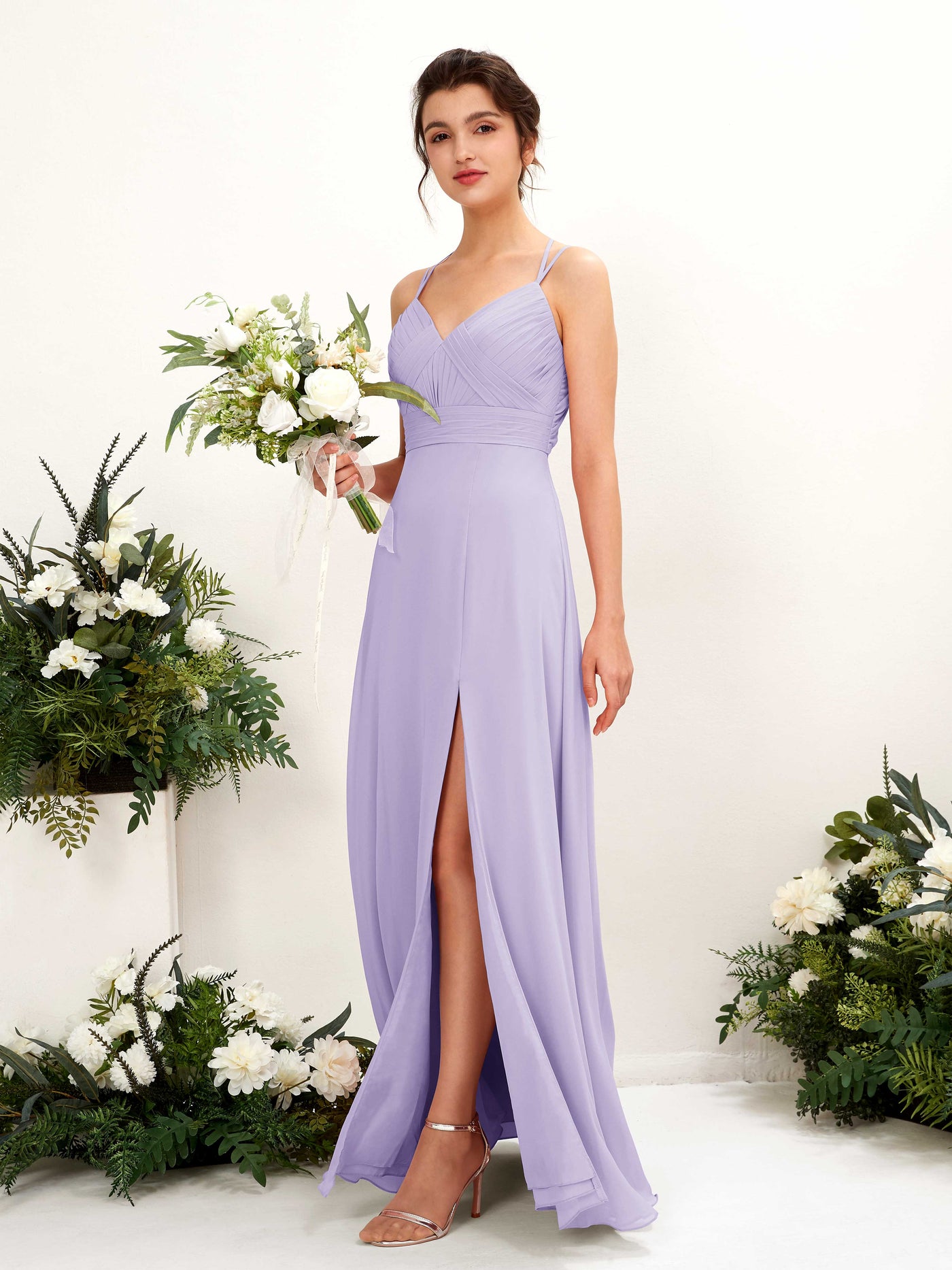Straps V-neck Sleeveless Chiffon Bridesmaid Dress - Lilac (81225414)#color_lilac