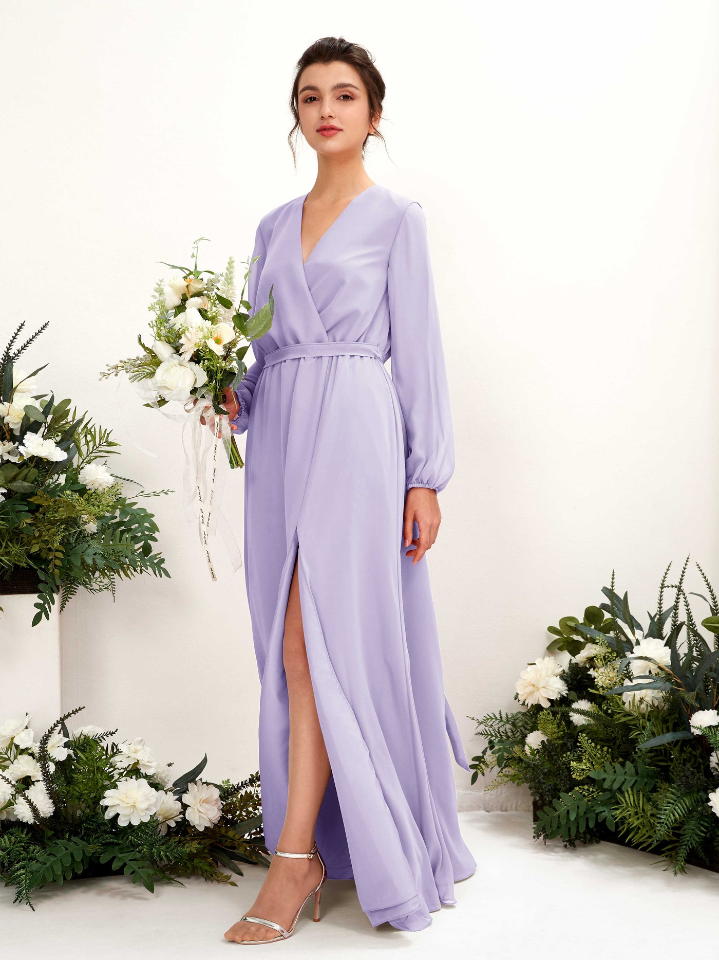 V-neck Long Sleeves Chiffon Bridesmaid Dress - Lilac (81223214)#color_lilac