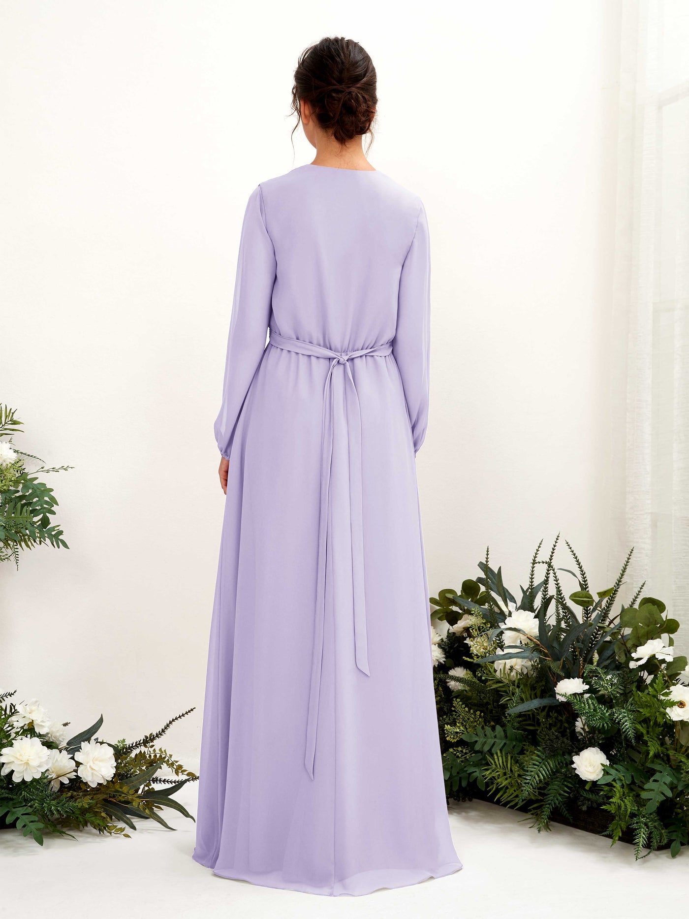 V-neck Long Sleeves Chiffon Bridesmaid Dress - Lilac (81223214)#color_lilac