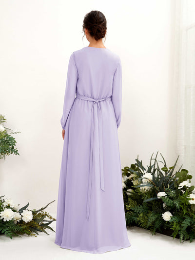 Carlyna Elsie A-Line Lilac Bridesmaid Dress Maxi Long Sleeve V-Neck Back View #color_lilac