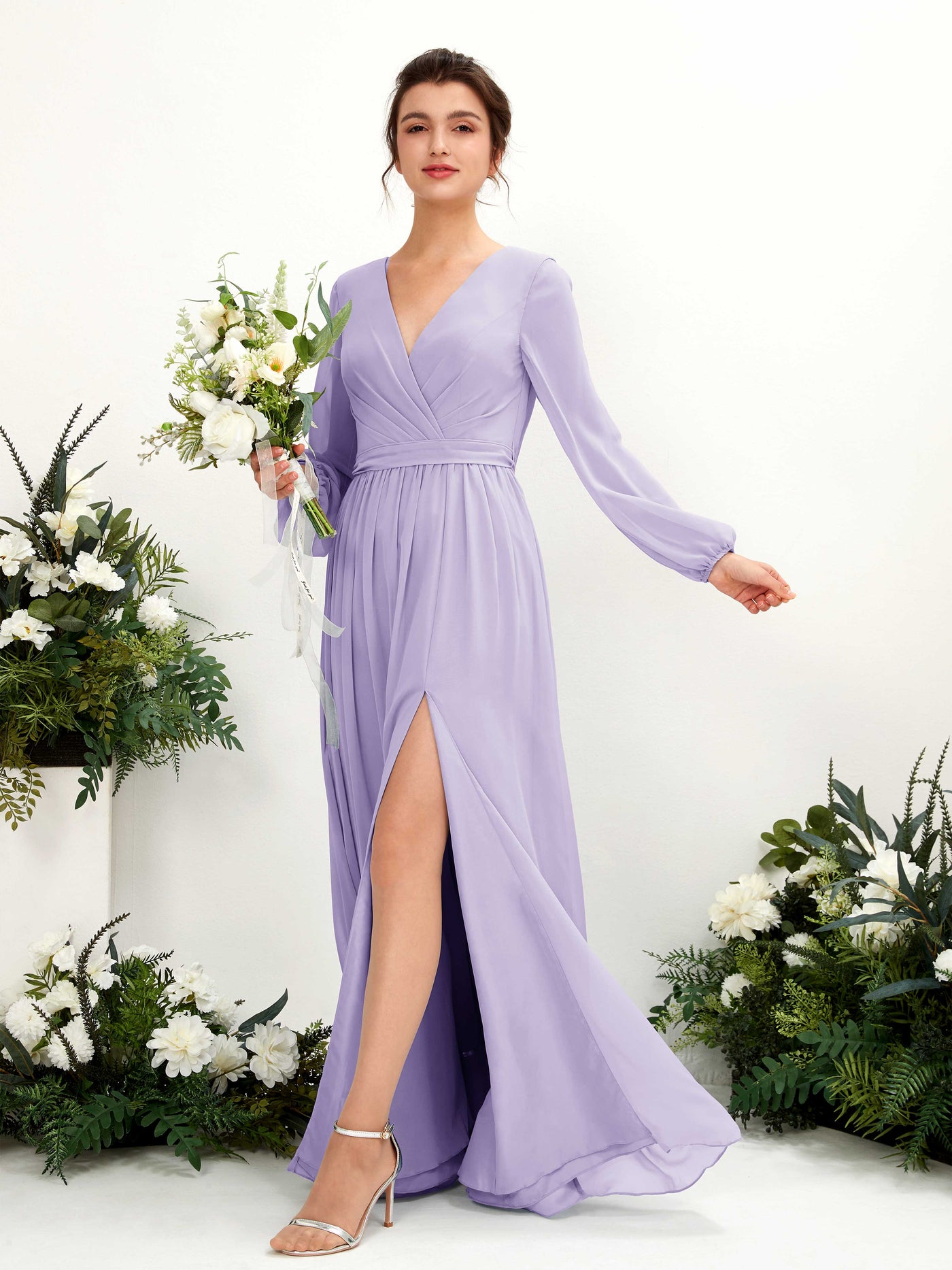 V-neck Long Sleeves Chiffon Bridesmaid Dress - Lilac (81223814)#color_lilac