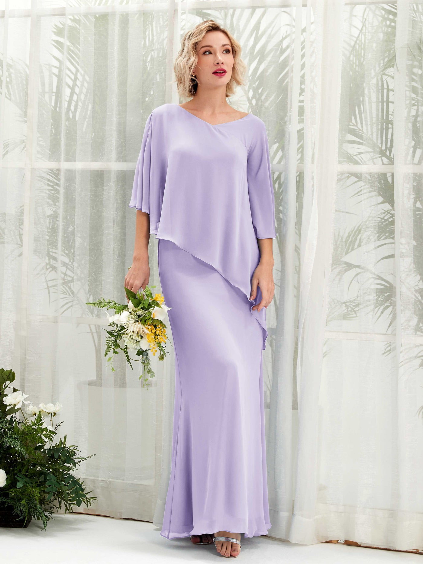 V-neck 3/4 Sleeves Chiffon Bridesmaid Dress - Lilac (81222514)#color_lilac