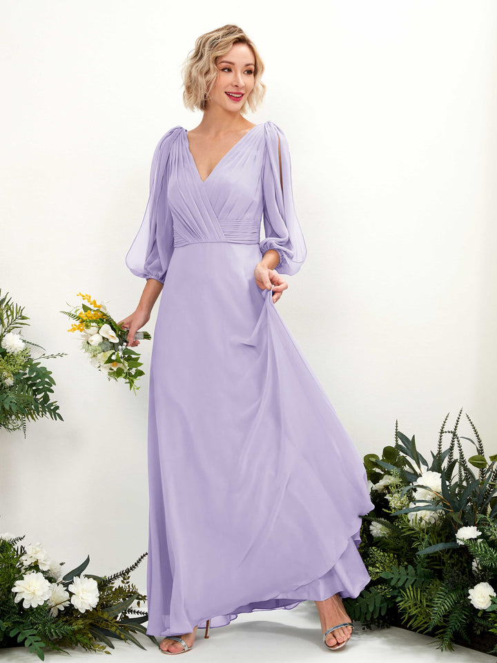 V-neck 3/4 Sleeves Chiffon Bridesmaid Dress - Lilac (81223514)
