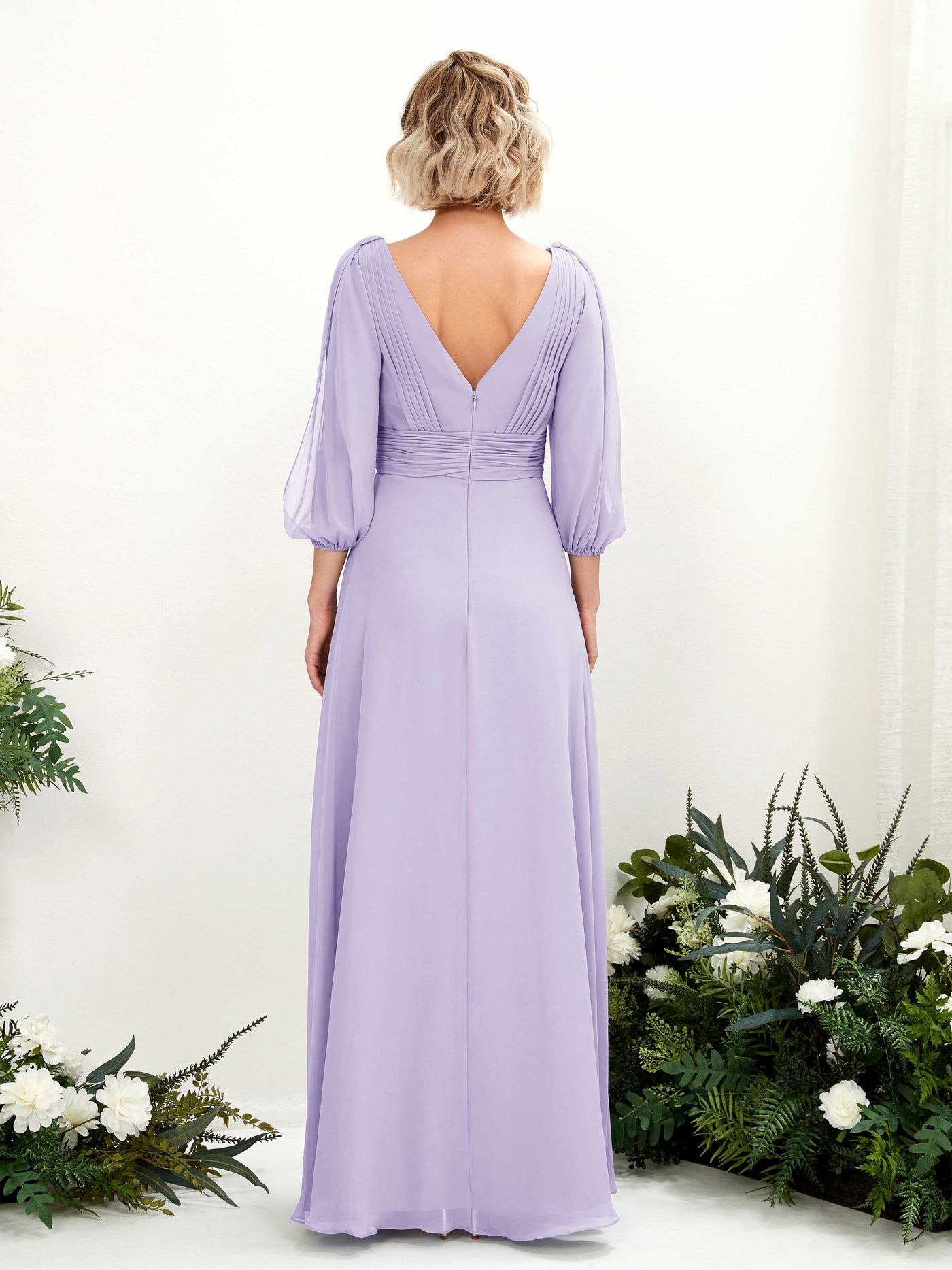 V-neck 3/4 Sleeves Chiffon Bridesmaid Dress - Lilac (81223514)#color_lilac