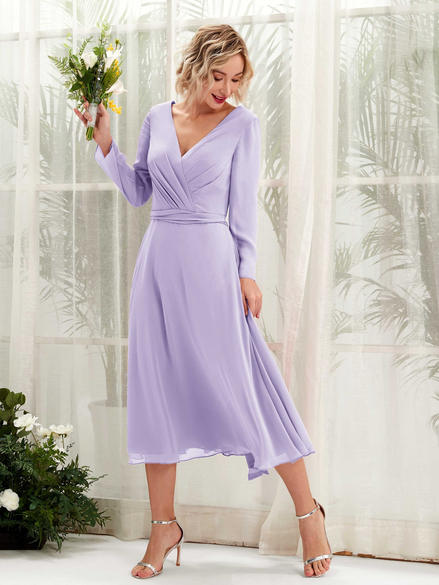 V-neck Long Sleeves Chiffon Bridesmaid Dress - Lilac (81223314)#color_lilac