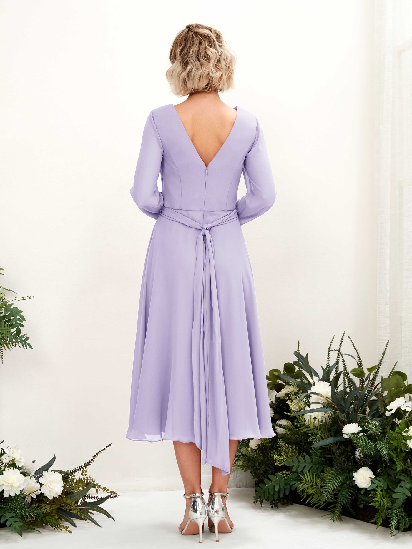 V-neck Long Sleeves Chiffon Bridesmaid Dress - Lilac (81223314)#color_lilac