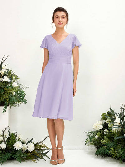 Carlyna Betty A-Line Lilac Bridesmaid Dress Knee-Length Short Sleeve V-Neck Dress Front View #color_lilac