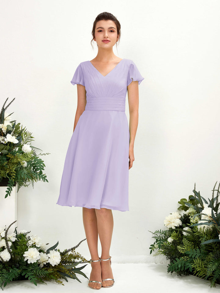 V-neck Short Sleeves Chiffon Bridesmaid Dress - Lilac (81220214)