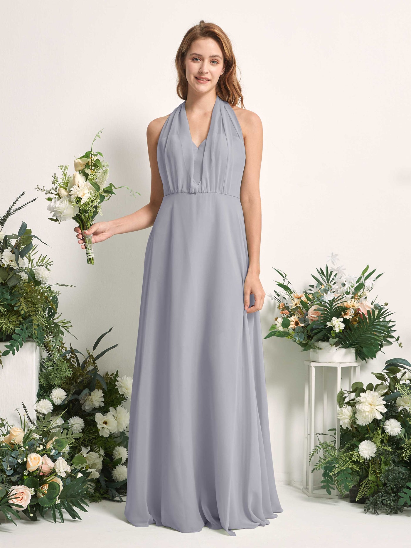 Bridesmaid Dress A-line Chiffon Halter Full Length Short Sleeves Wedding Party Dress - Dusty Lavender (81226303)#color_dusty-lavender