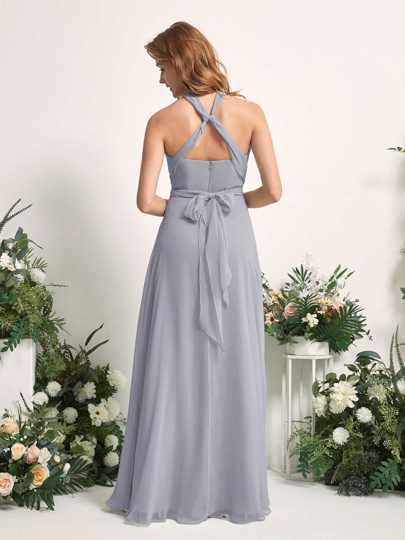 Bridesmaid Dress A-line Chiffon Halter Full Length Short Sleeves Wedding Party Dress - Dusty Lavender (81226303)#color_dusty-lavender