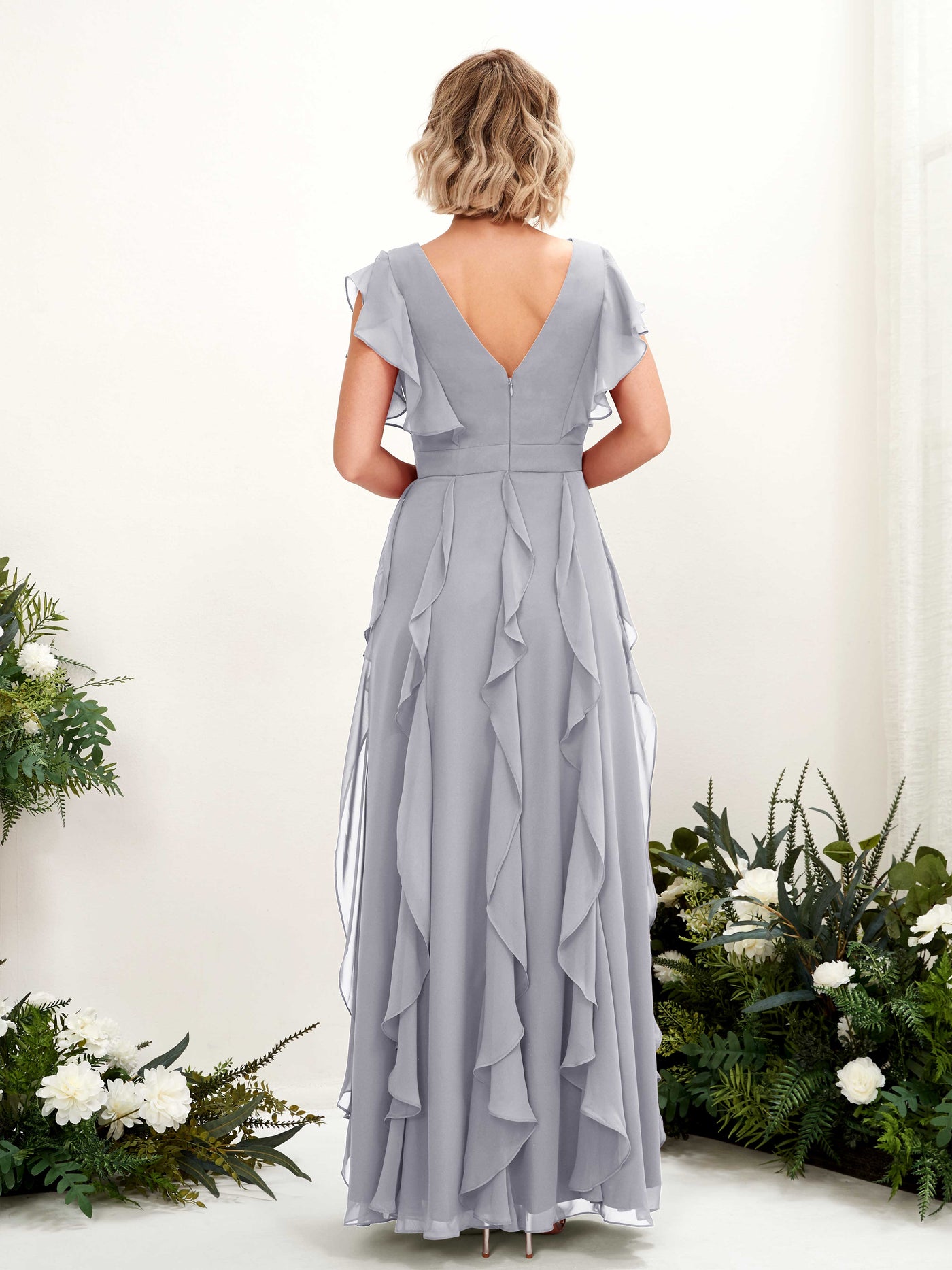A-line V-neck Short Sleeves Chiffon Bridesmaid Dress - Dusty Lavender (81226003)#color_dusty-lavender