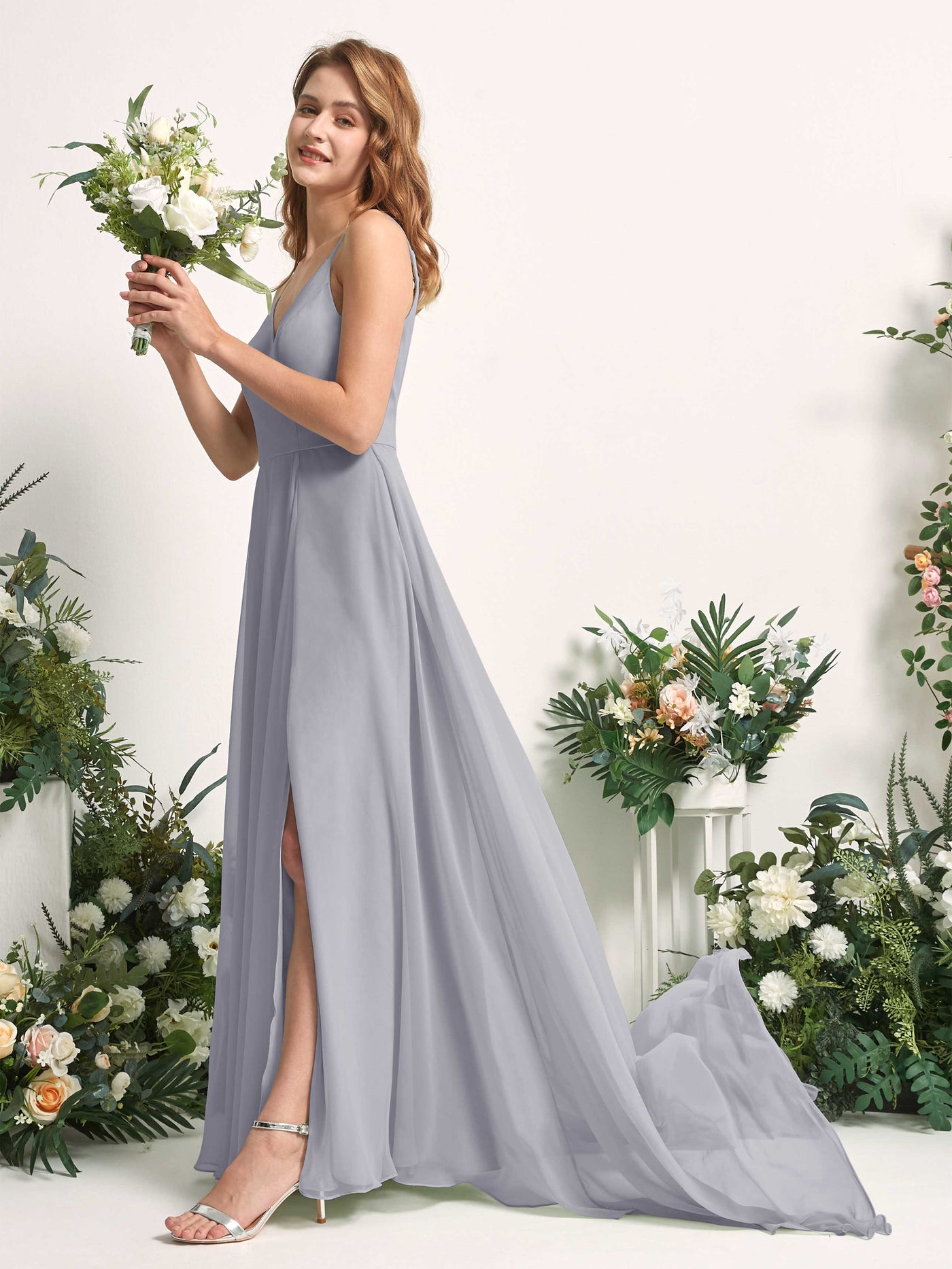 Bridesmaid Dress A-line Chiffon Spaghetti-straps Full Length Sleeveless Wedding Party Dress - Dusty Lavender (81227703)#color_dusty-lavender