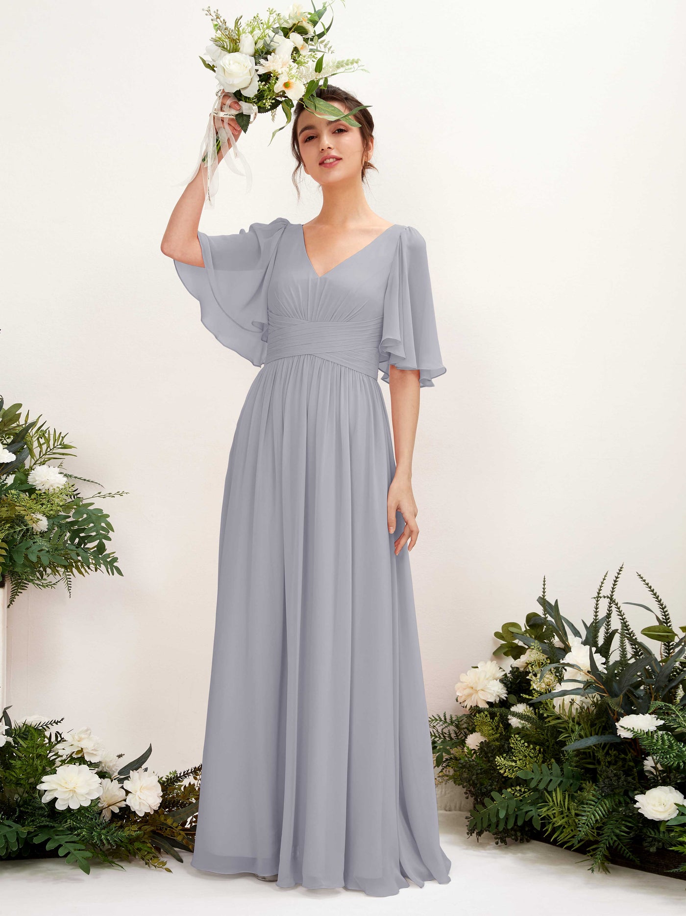 A-line V-neck 1/2 Sleeves Chiffon Bridesmaid Dress - Dusty Lavender (81221603)#color_dusty-lavender